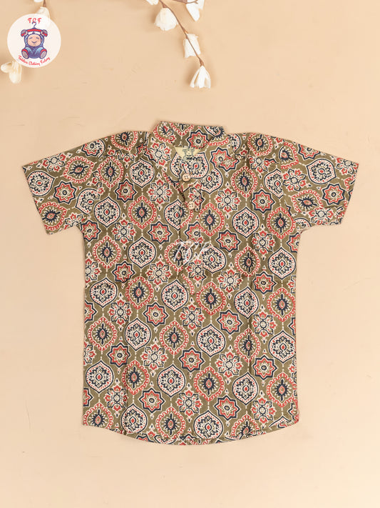 Olive Green -  Boys Floral Printed Short Kurta