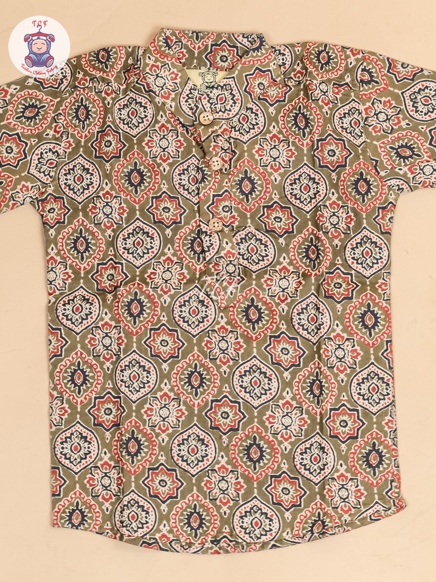 Olive Green -  Boys Floral Printed Short Kurta