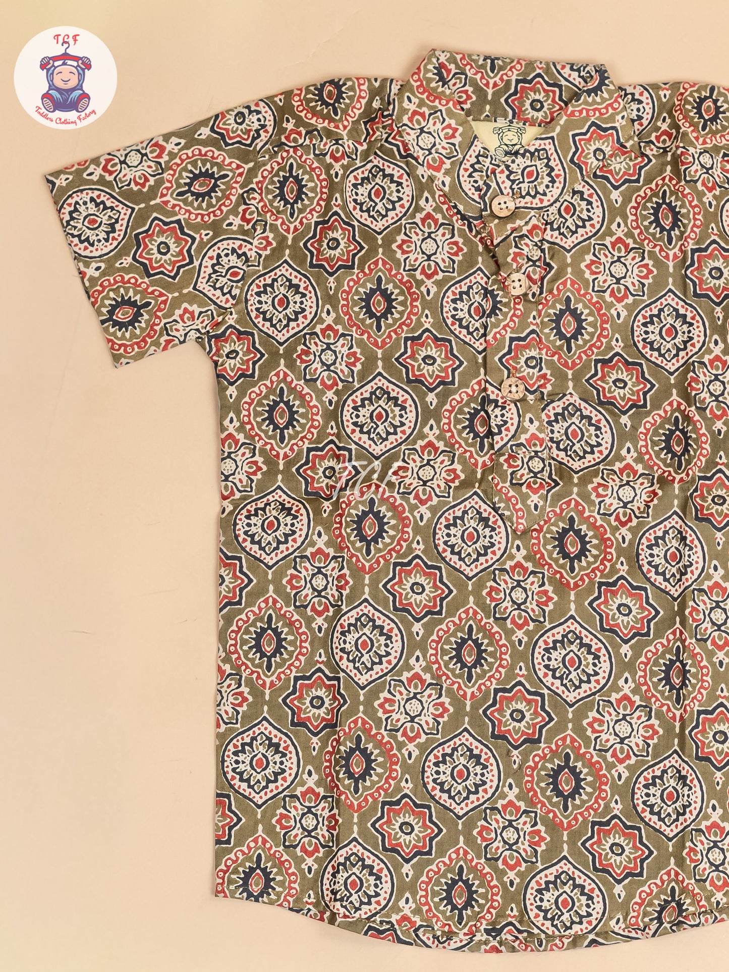 Olive Green -  Boys Floral Printed Short Kurta