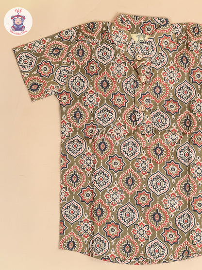 Olive Green -  Boys Floral Printed Short Kurta