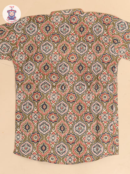 Olive Green -  Boys Floral Printed Short Kurta