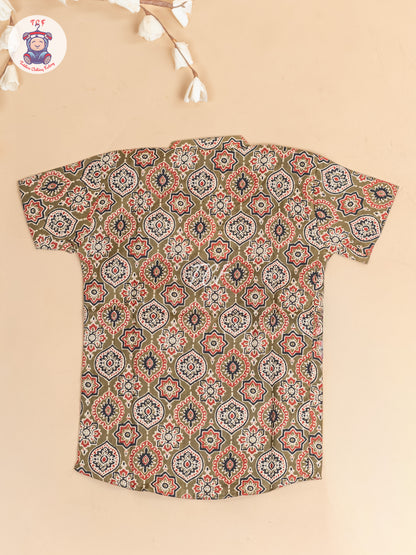 Olive Green -  Boys Floral Printed Short Kurta