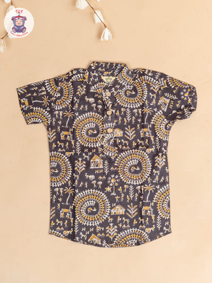 Brown -  Boys Dolls Printed Short Kurta