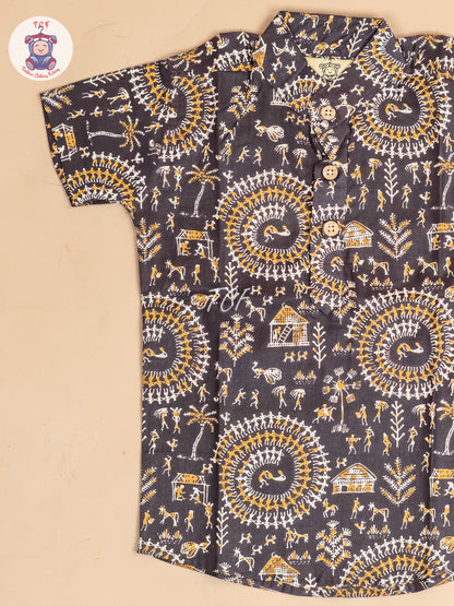 Brown -  Boys Dolls Printed Short Kurta