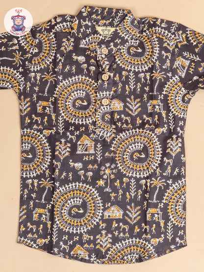 Brown -  Boys Dolls Printed Short Kurta