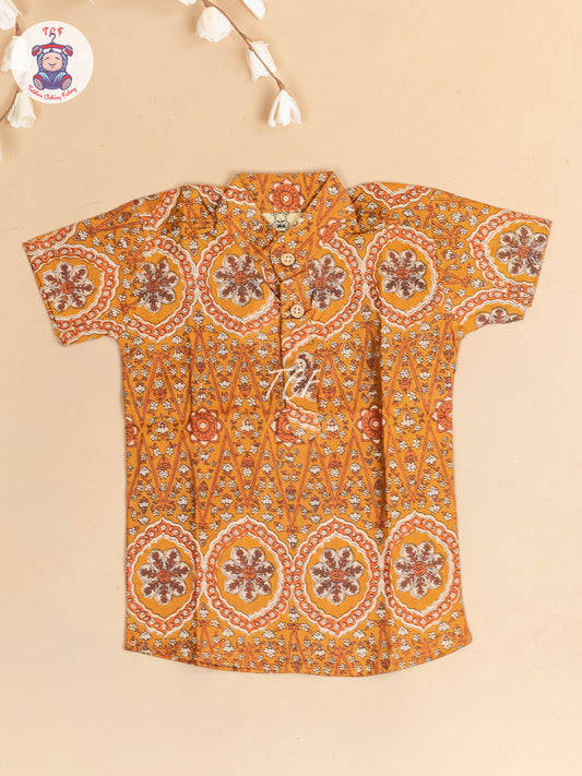 Mustard -  Boys Floral Printed Short Kurta