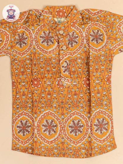 Mustard -  Boys Floral Printed Short Kurta
