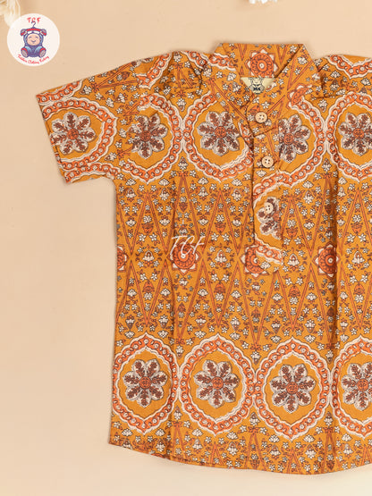 Mustard -  Boys Floral Printed Short Kurta