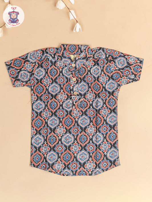 Black -  Boys Floral Printed Short Kurta