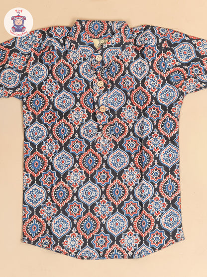 Black -  Boys Floral Printed Short Kurta