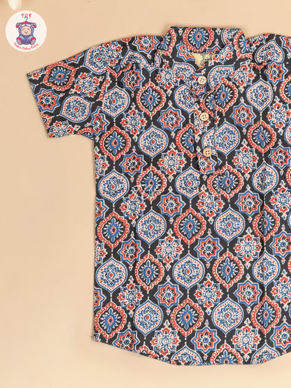 Black -  Boys Floral Printed Short Kurta