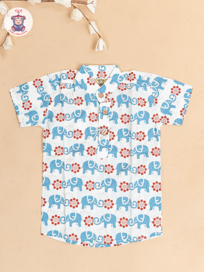 White -  Boys Elephant Printed Short Kurta