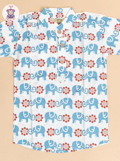 White -  Boys Elephant Printed Short Kurta
