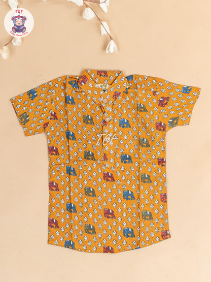 Mustard -  Boys Elephant Printed Short Kurta