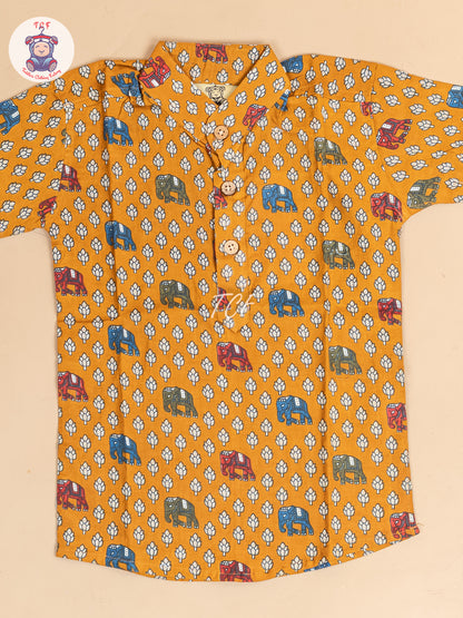 Mustard -  Boys Elephant Printed Short Kurta