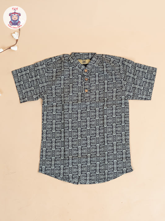 Black -  Boys Floral Printed Short Kurta