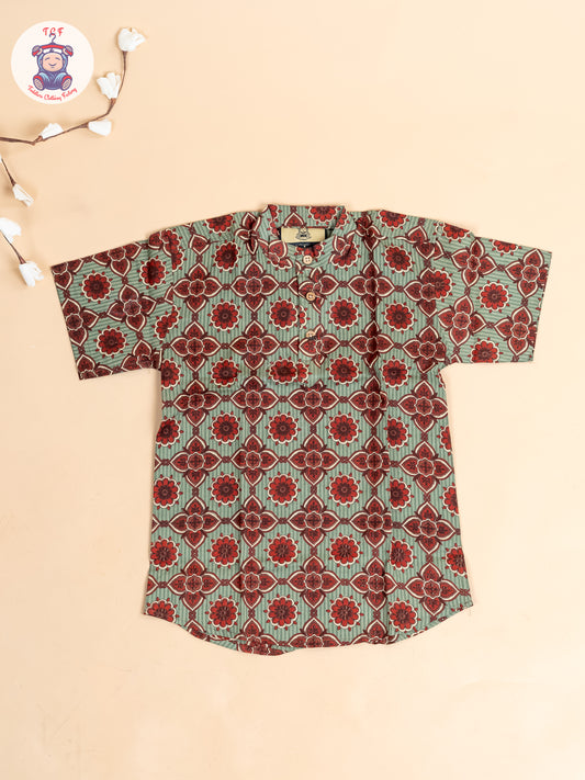 Light Blue & Maroon - Boys Readymade  Printed Short Kurta