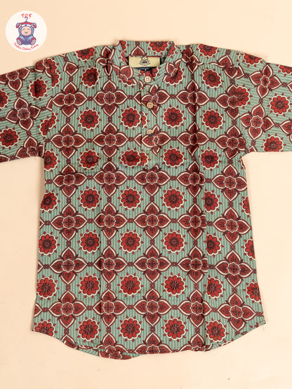 Light Blue & Maroon - Boys Readymade  Printed Short Kurta
