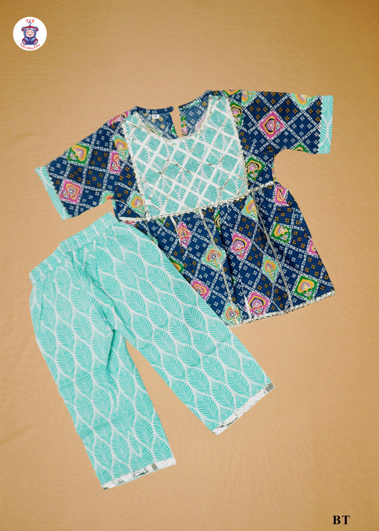 Blue & Electric Blue - Printed A-Line Kurta with Palazzos