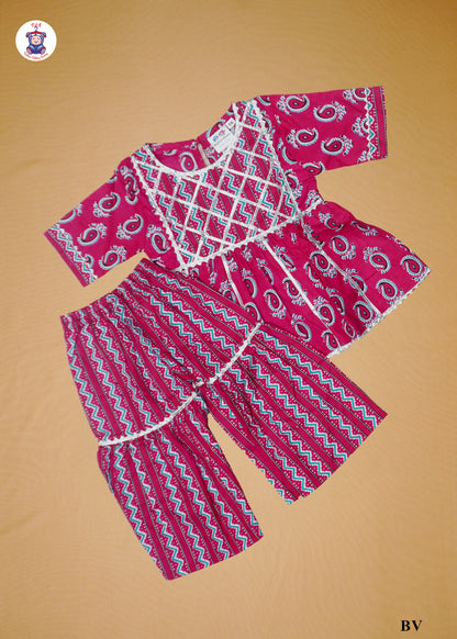Deep Pink - Printed A-Line Kurta with Palazzos