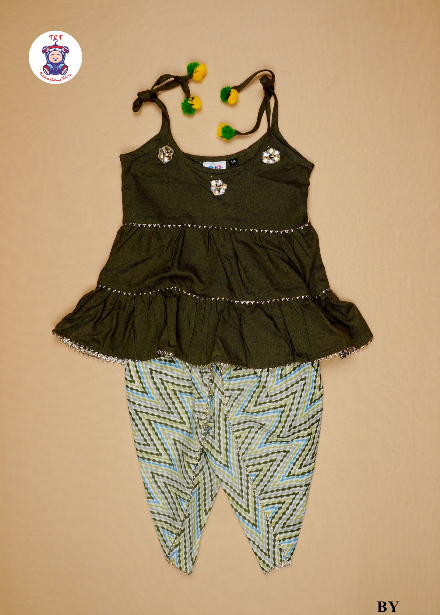 Army Green - Sleeveless Lace Top Kurti Dhoti Set
