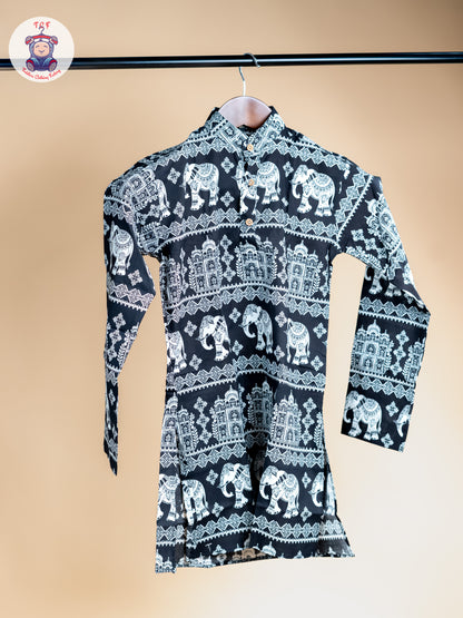 Black -  Boys Elephant Printed Long Kurta
