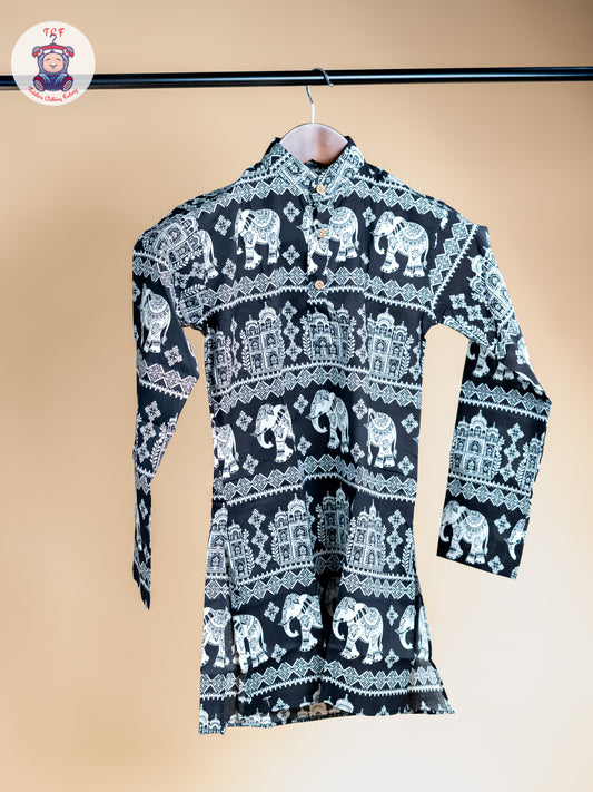 Black -  Boys Elephant Printed Long Kurta