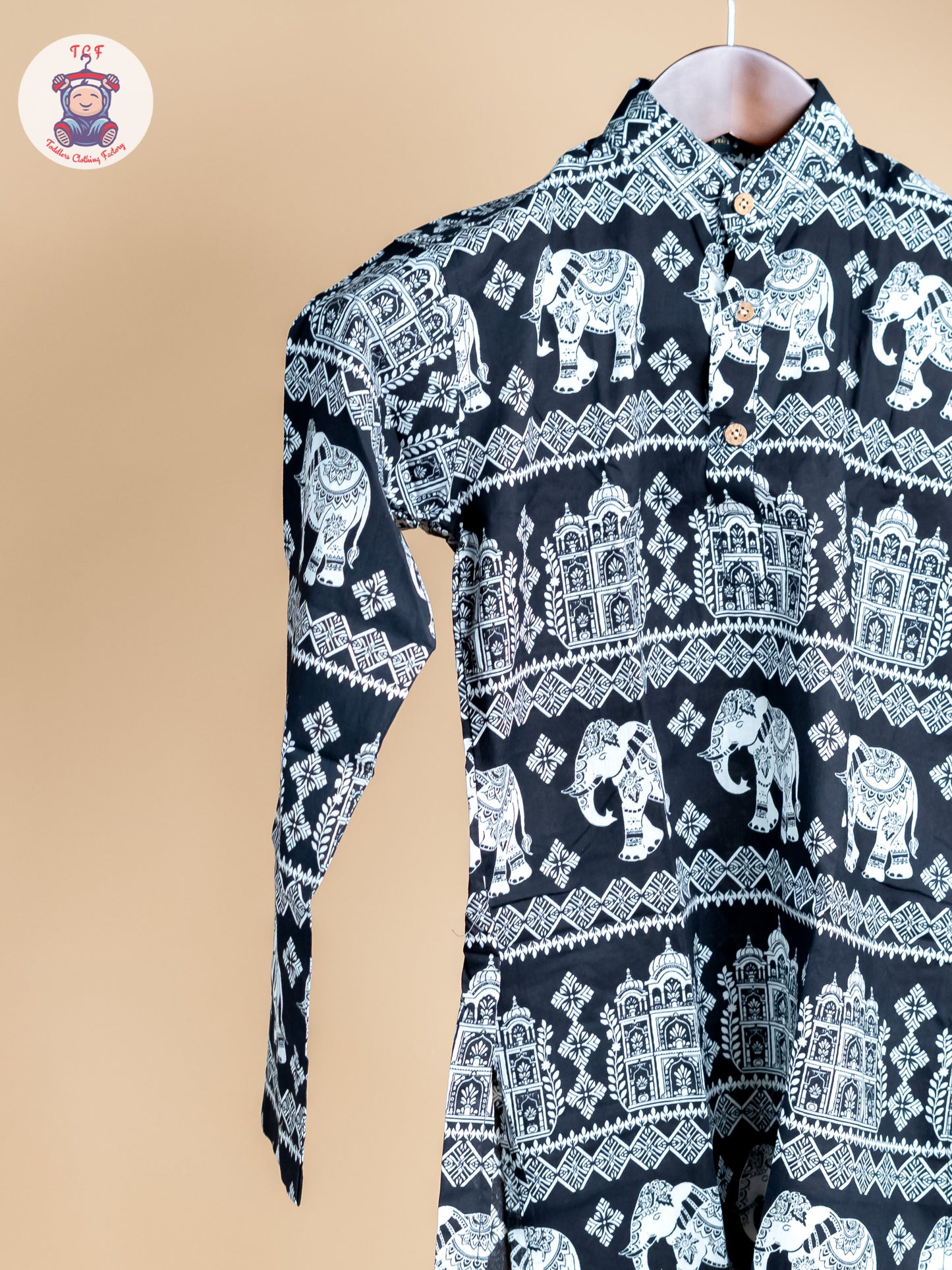 Black -  Boys Elephant Printed Long Kurta