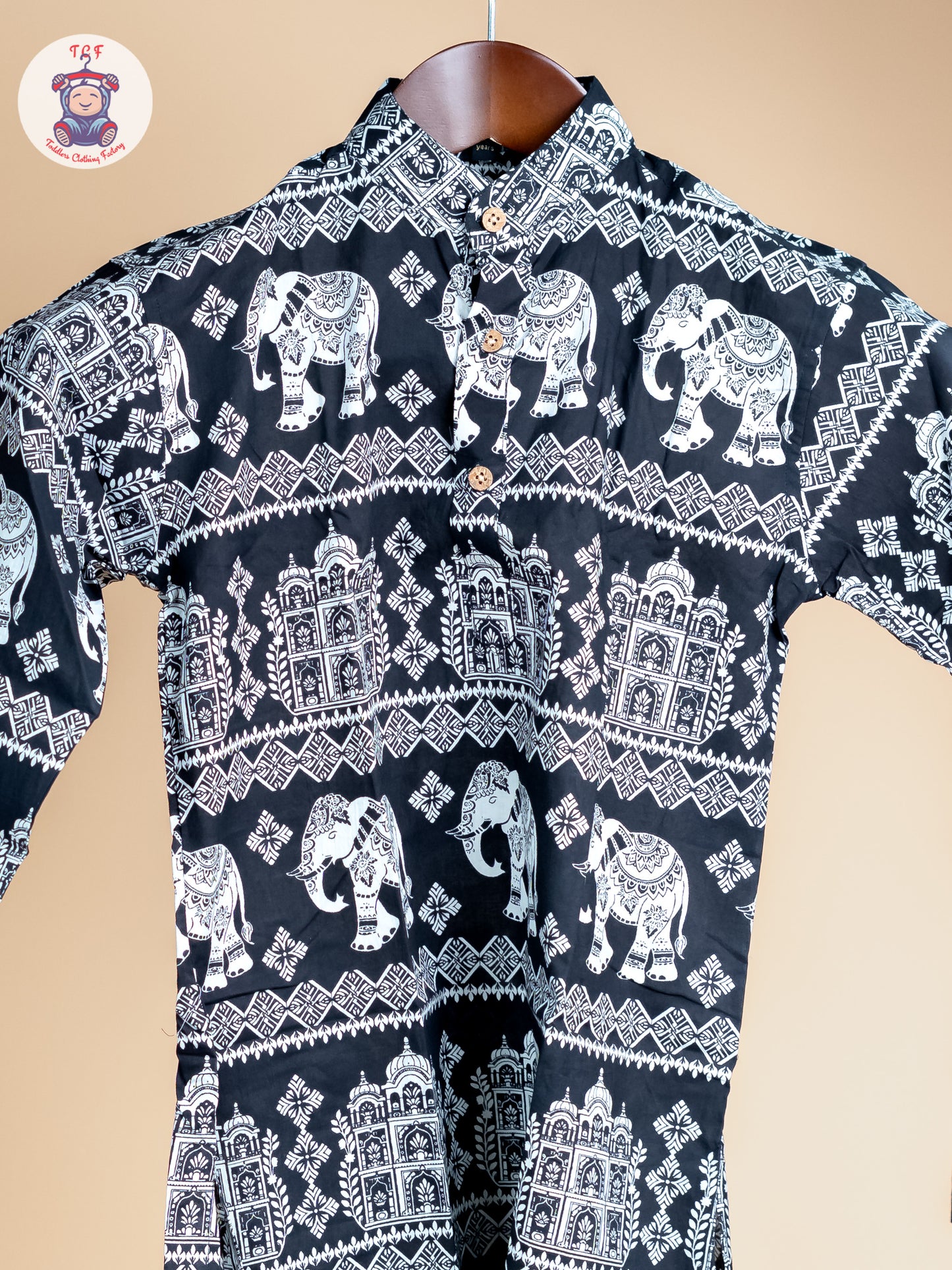 Black -  Boys Elephant Printed Long Kurta
