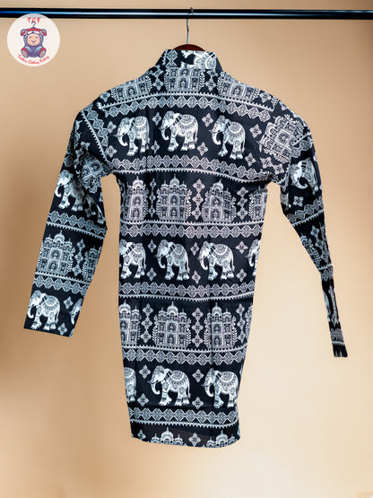 Black -  Boys Elephant Printed Long Kurta