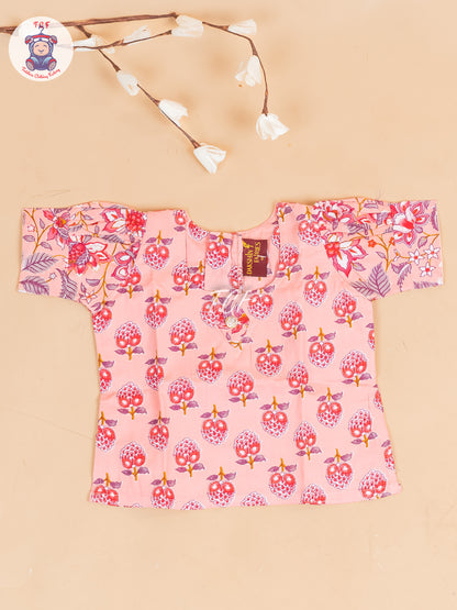Peach Floral Printed - Girls Readymade Cotton Pavadai Sattai