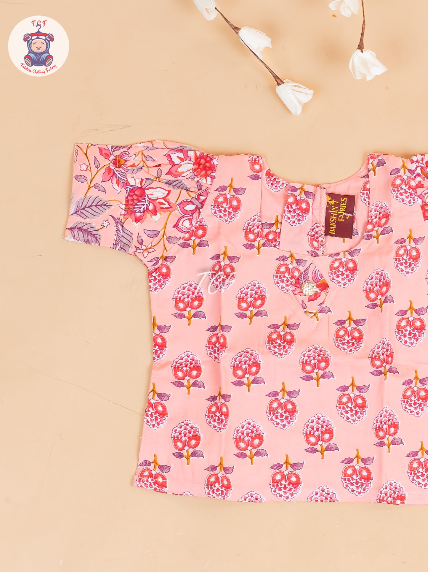 Peach Floral Printed - Girls Readymade Cotton Pavadai Sattai