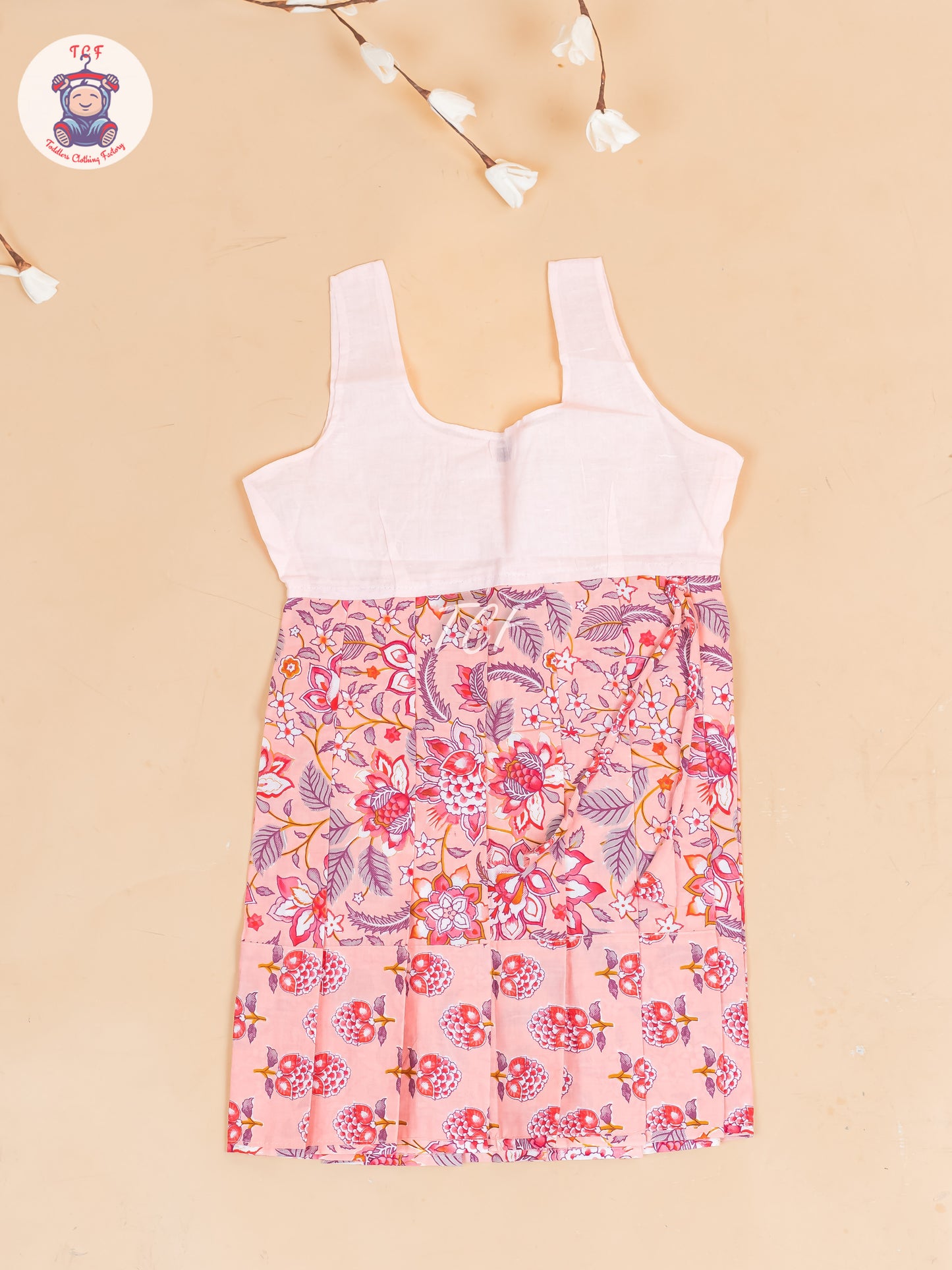 Peach Floral Printed - Girls Readymade Cotton Pavadai Sattai