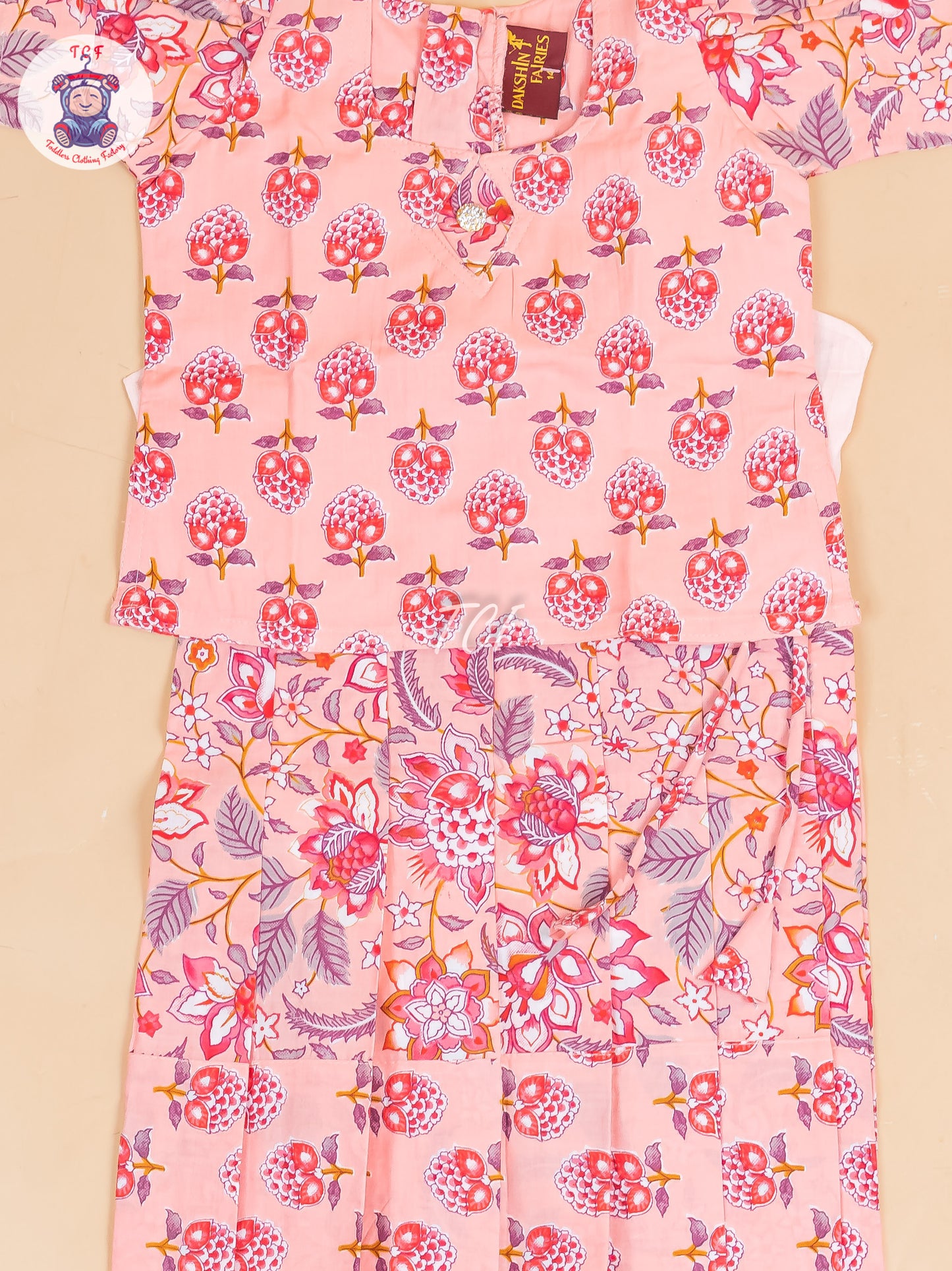 Peach Floral Printed - Girls Readymade Cotton Pavadai Sattai