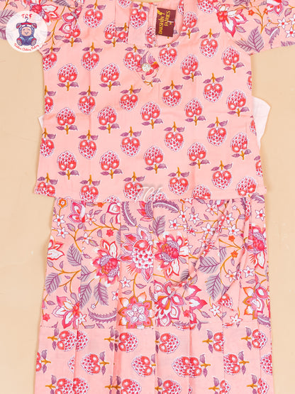 Peach Floral Printed - Girls Readymade Cotton Pavadai Sattai