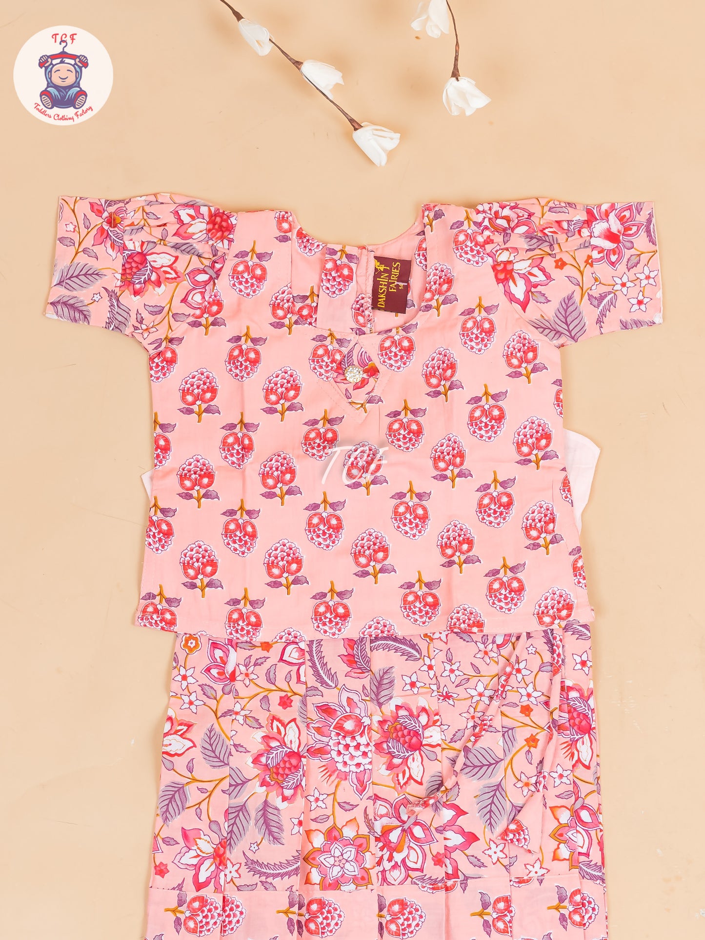Peach Floral Printed - Girls Readymade Cotton Pavadai Sattai