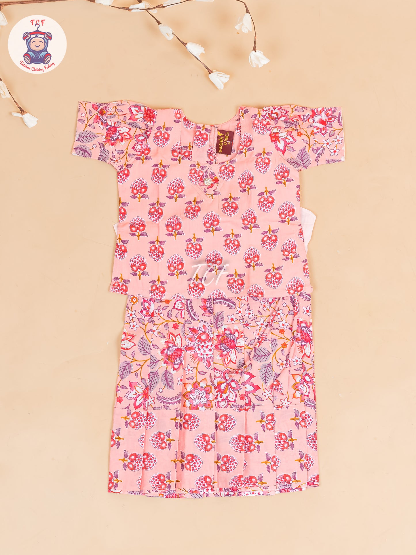 Peach Floral Printed - Girls Readymade Cotton Pavadai Sattai