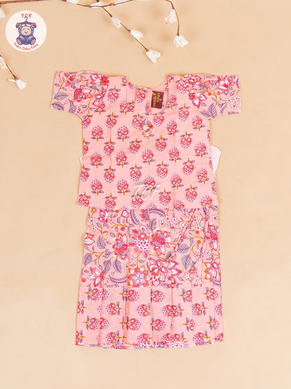 Peach Floral Printed - Girls Readymade Cotton Pavadai Sattai