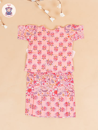 Peach Floral Printed - Girls Readymade Cotton Pavadai Sattai