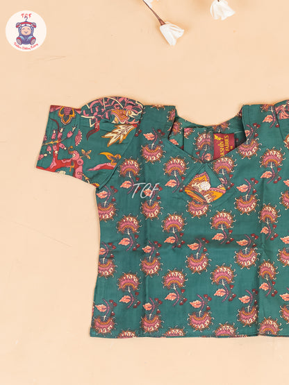 Green & Maroon Floral - Girls Readymade Cotton Pavadai Sattai