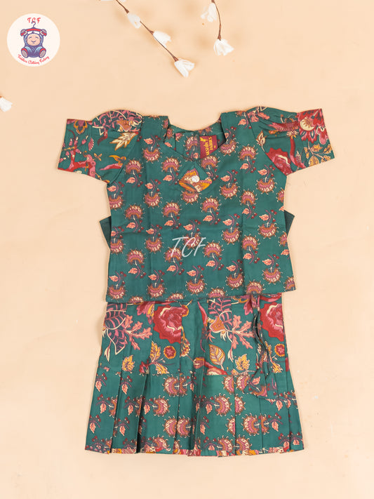 Green & Maroon Floral - Girls Readymade Cotton Pavadai Sattai