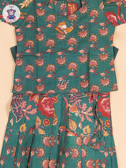 Green & Maroon Floral - Girls Readymade Cotton Pavadai Sattai
