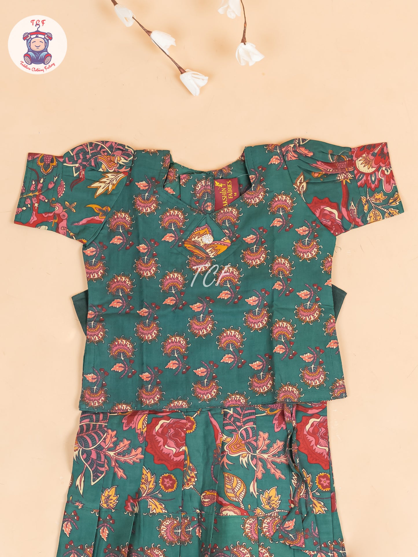 Green & Maroon Floral - Girls Readymade Cotton Pavadai Sattai
