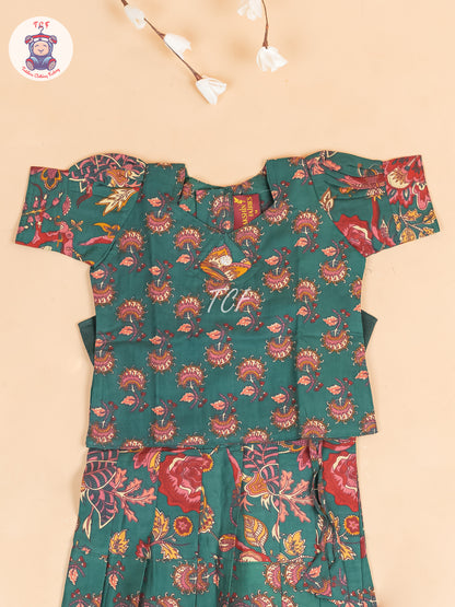 Green & Maroon Floral - Girls Readymade Cotton Pavadai Sattai