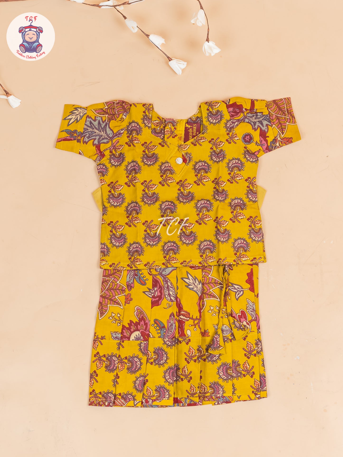 Mustard & Maroon Floral - Girls Readymade Cotton Pavadai Sattai
