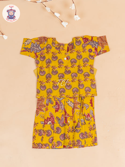 Mustard & Maroon Floral - Girls Readymade Cotton Pavadai Sattai
