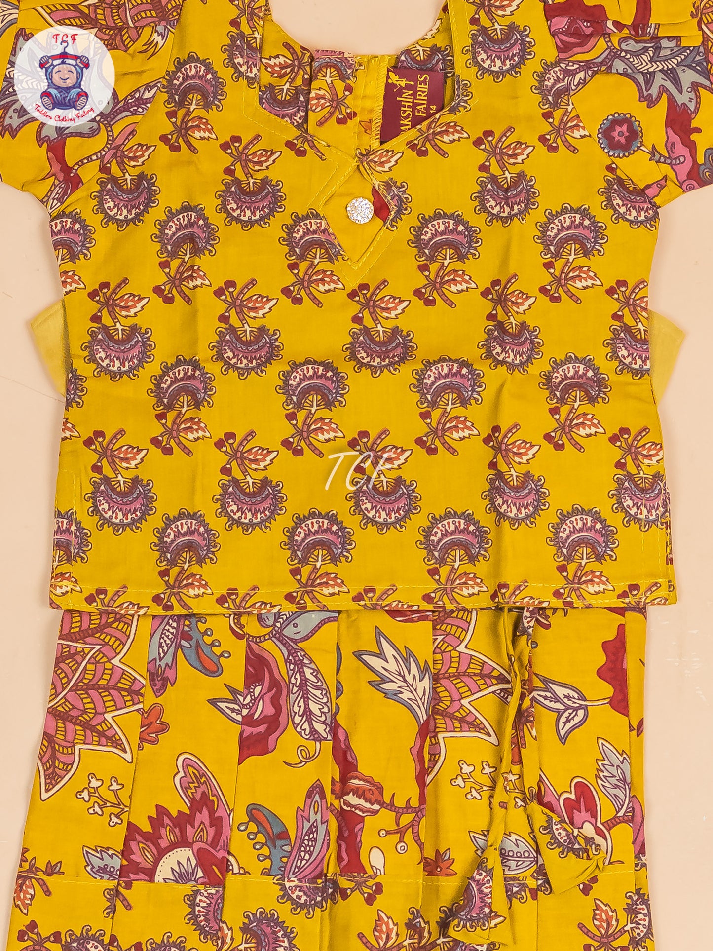 Mustard & Maroon Floral - Girls Readymade Cotton Pavadai Sattai