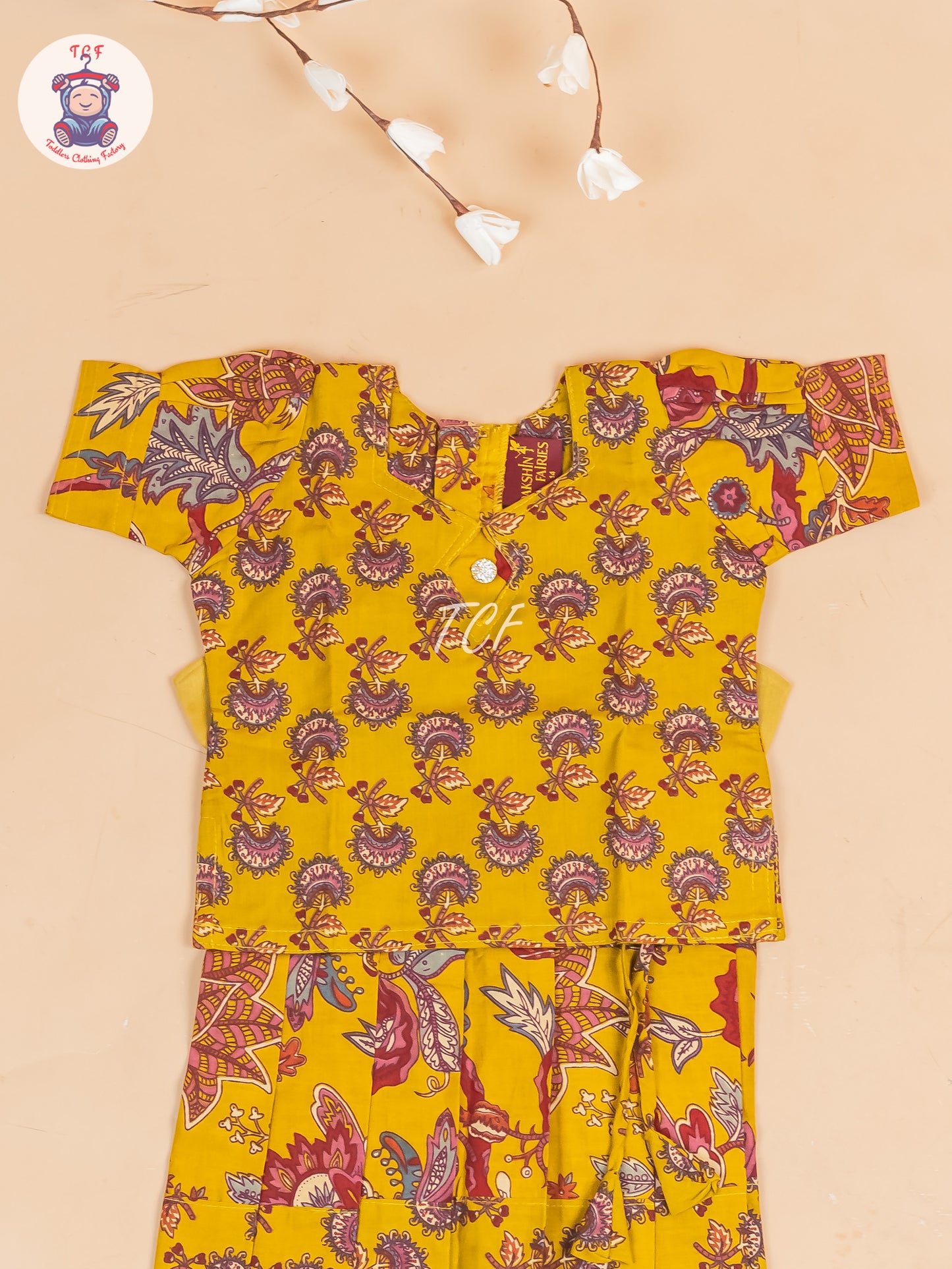 Mustard & Maroon Floral - Girls Readymade Cotton Pavadai Sattai