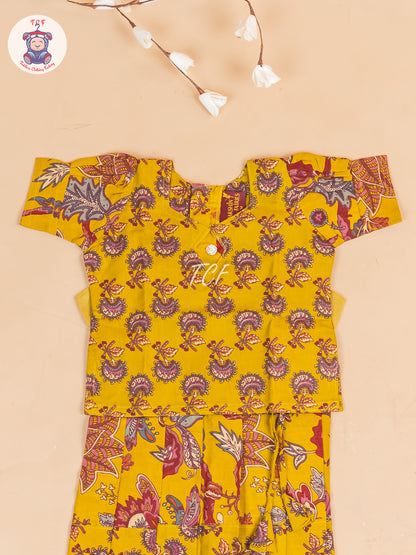 Mustard & Maroon Floral - Girls Readymade Cotton Pavadai Sattai