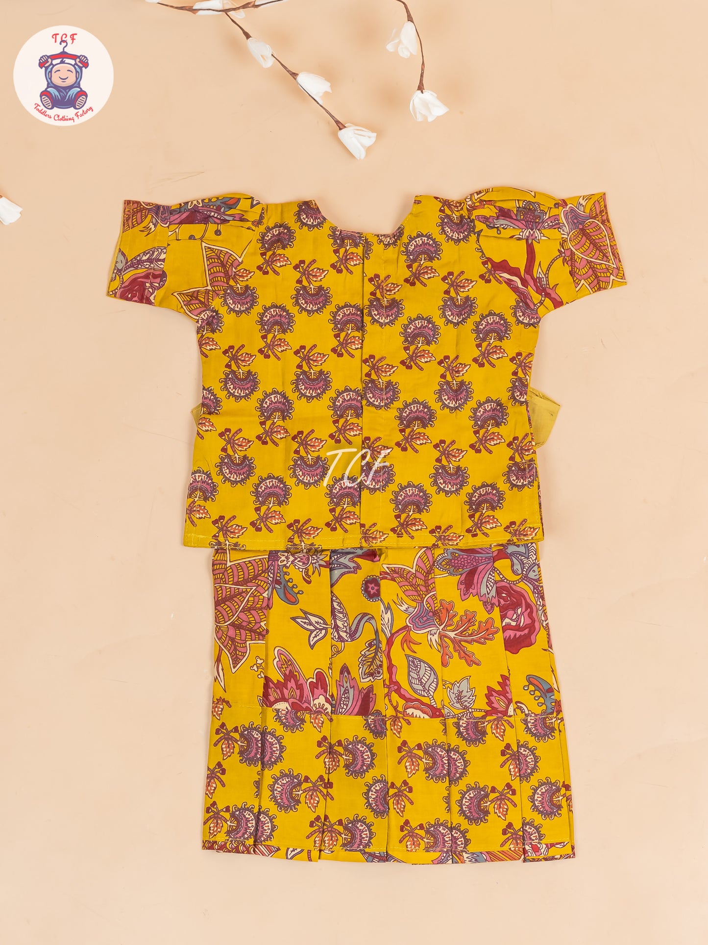 Mustard & Maroon Floral - Girls Readymade Cotton Pavadai Sattai